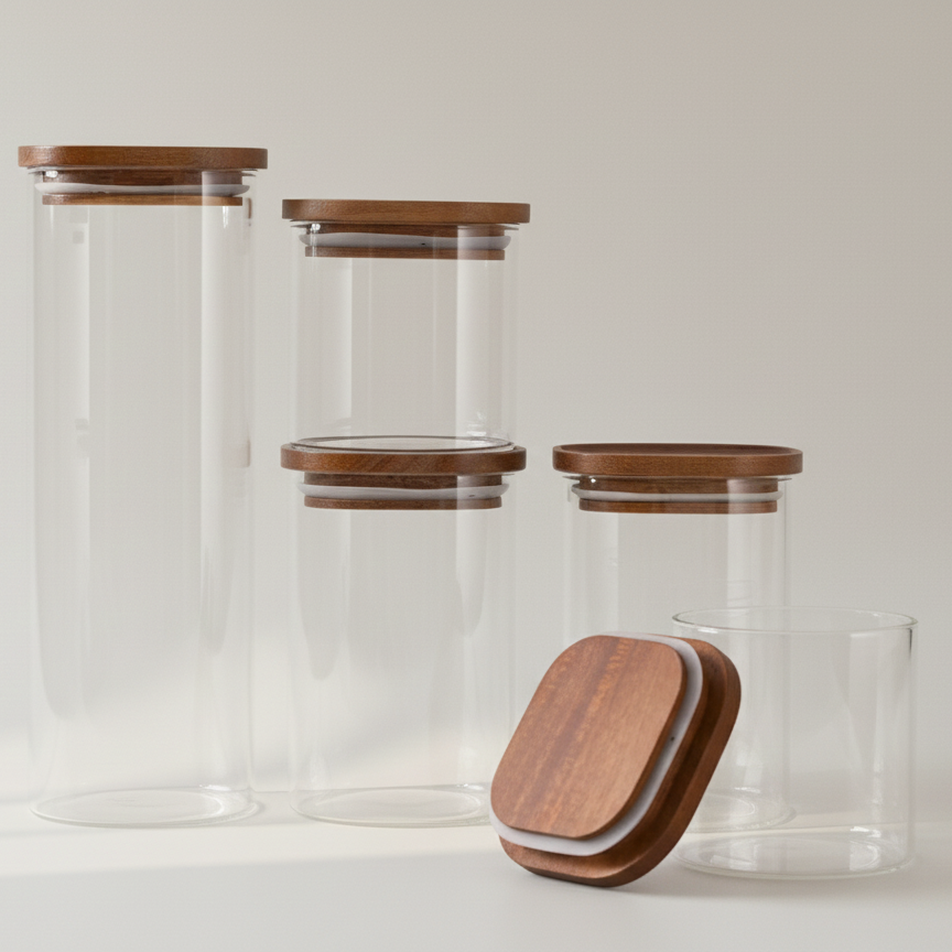 Förvaringsburkar i glas med trälock 5-pack